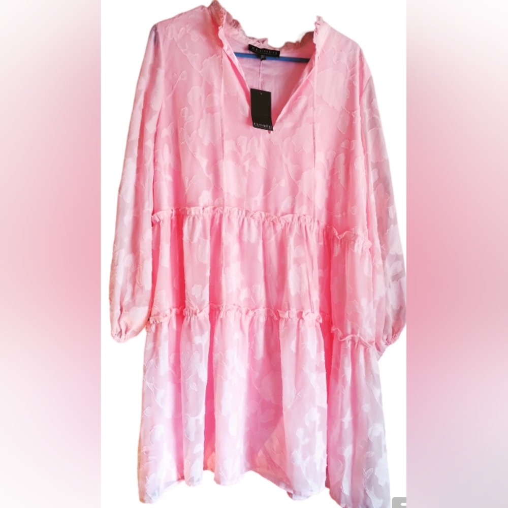 ELOQUII Pale Blush Pink  Tiered Ruffle Mini 3/4 Sleeve Dress 🩷